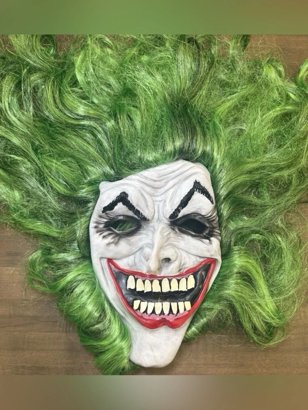 Joker Clown Mask Long Green Hair Latex Full Face Halloween Adult Cosplay Scary